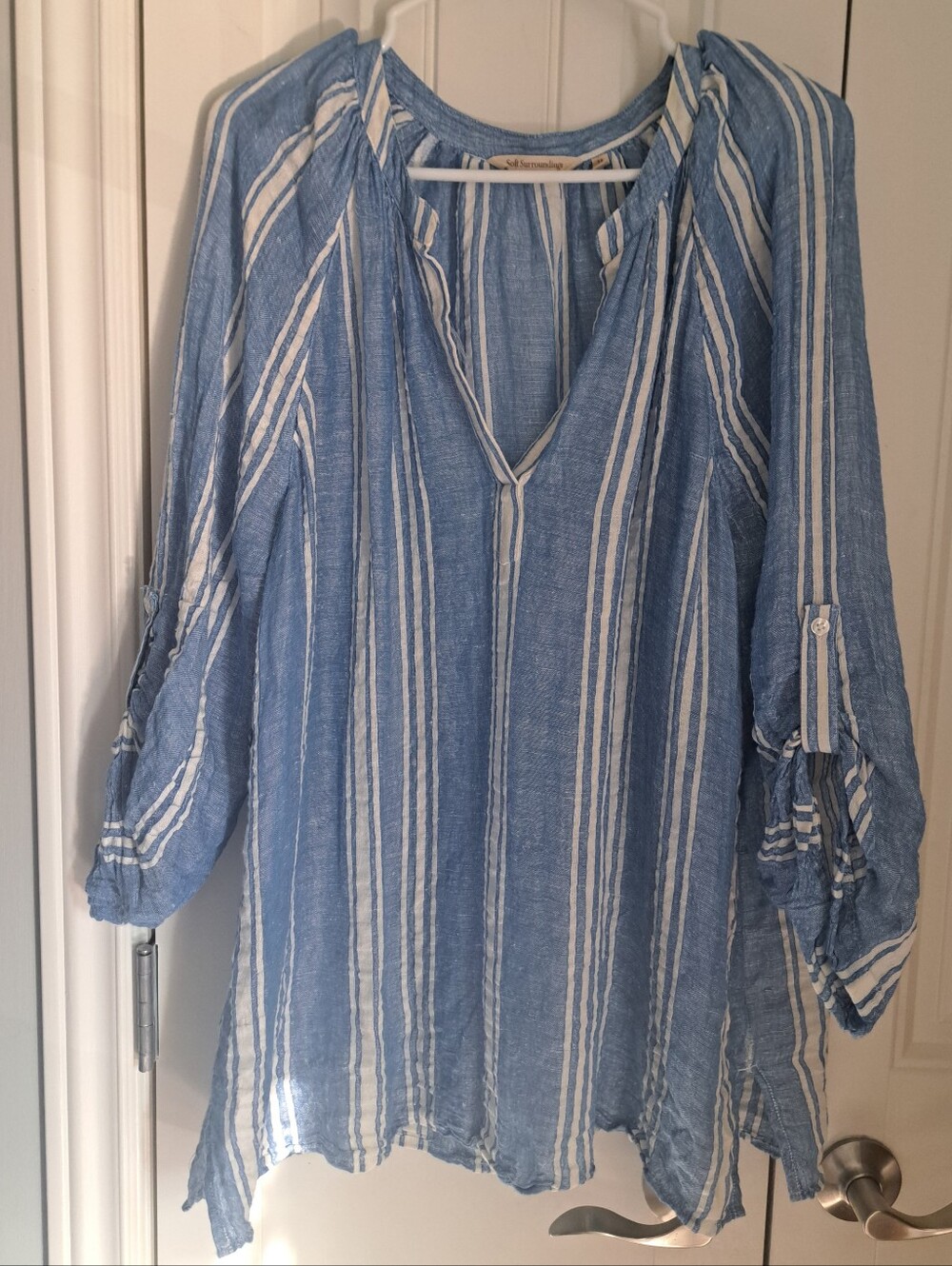 Soft Surroundings beachy Blue White Stripe linen blend V-Neck Tunic top shirt 1X